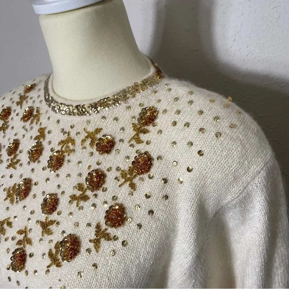 Worthington Vintage Silk, Angora & Lambswool Ivory Knit Sequin Sweater Women's M
